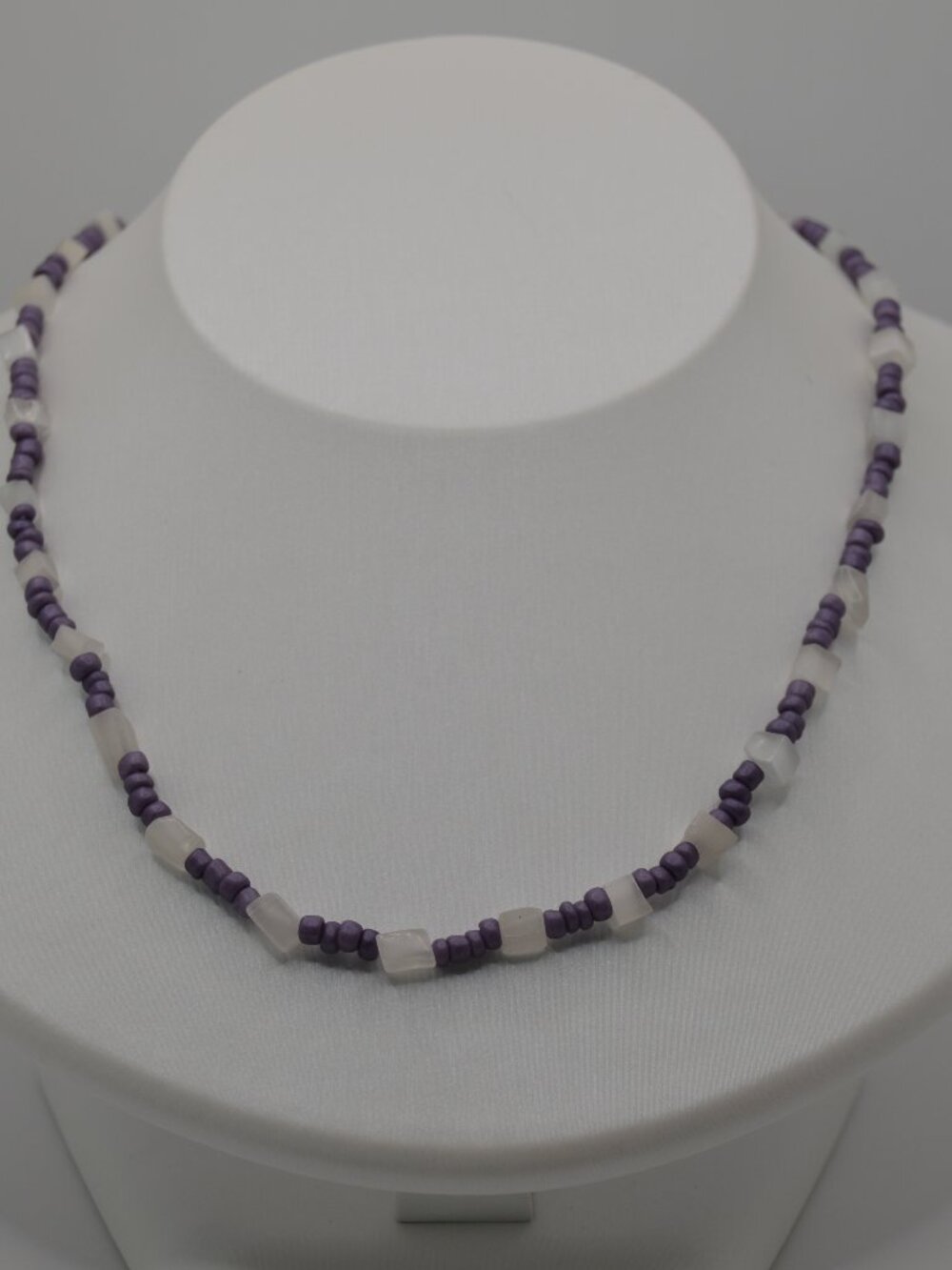 Purple and White Beaded Necklace